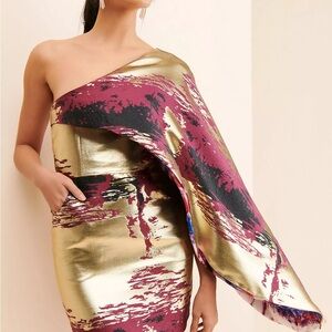 Kahindo Hadiza Mini Dress - Elegant One Shoulder Dress in Gold and Burgundy